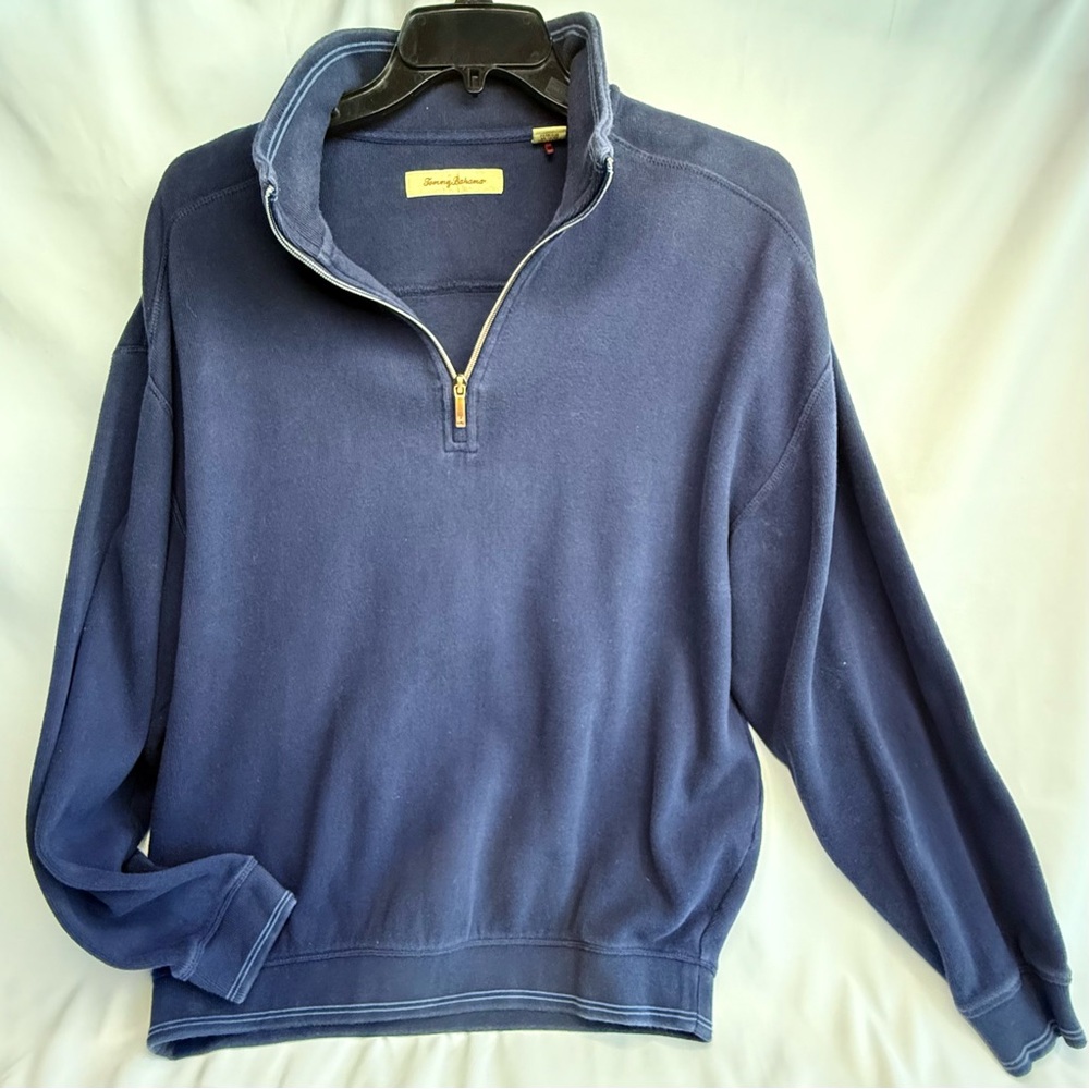 Tommy Bahama Men's Large Blue Quarter Zip Pullover Sweater w/ Banded Bottom